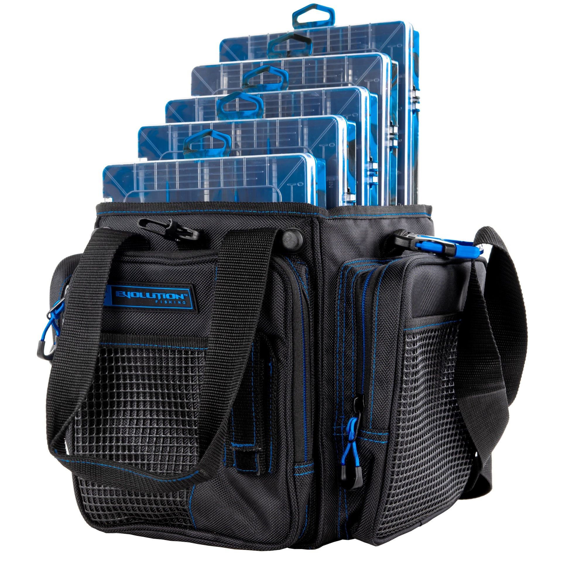 blue tackle bag with plastic zipper OSAGE RIVER MOLLE Fishing Backpack Rod Holder - 600D Large for Trays and Fishing Accessories - Tactical Backpack for Camping, Traveling, Hunting size tackle trays in main compartment Vertical 3600 Drift Series Tackle
