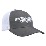 Gray and white fishing cap with 'Evolution Fishing' logo on a white background