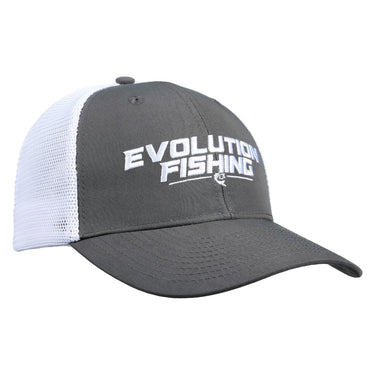 Gray and white fishing cap with 'Evolution Fishing' logo on a white background