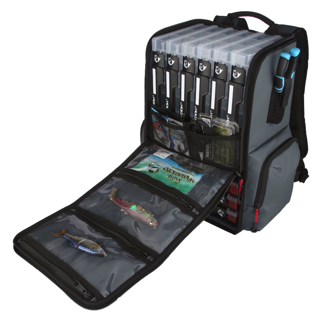 Evolution Fishing Largemouth 3.0 Tackle Backpack - Patent Pending Modular Dividers Rod Holders Heavy Duty Fishing Backpack Includes Quiklatch Tackle Trays