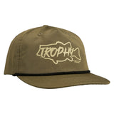 Olive green cap with 'Trophy' logo on a white background